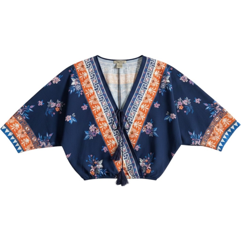 Flying Tomato Wrap Top Small Navy Blue Floral Kimono Sleeve Tassel Boho
